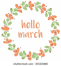Hello march watercolor wreath vector card