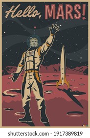 Hallo, Mars! Retro Future Style Martian Mission Poster, Astronaut, Space Rocket und Martian Surface