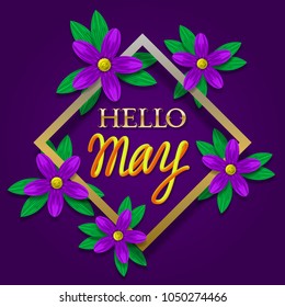 Hello may golden and yellow gradient lettering on purple background in golden frame with lilac flowers.