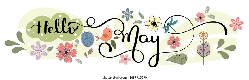 Hello MAY Hand Lettering Card.MAY Month Vector With Flowers, Birds And Leaves. Decoration Floral. Illustration Month May