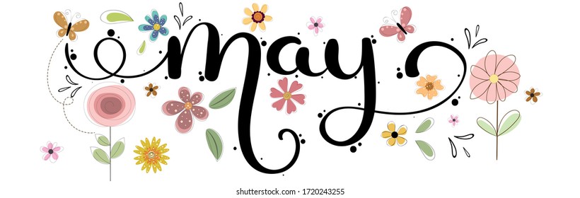 Hello May hand lettering card. MAY month vector with flowers, birdhouse and leaves. Decoration floral. Illustration month may background