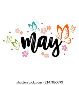 Hello May hand lettering card. simple MAY month vector with butterfly and sakura flower. Illustration month may background