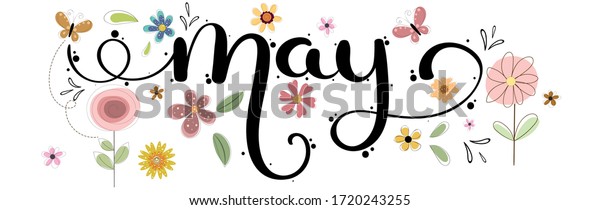 Hello May hand lettering card. MAY month\
vector with flowers, birdhouse and leaves. Decoration floral.\
Illustration month may\
background