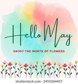 Inscripción con letras a mano de Hello May. Tarjeta de felicitación de primavera, postal, tarjeta, invitación, Plantilla de Anuncio. Caligrafía de pincel. Tipografía con letras de resorte. Saludos de la temporada. Mes de primavera. Nuevo mes