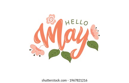 Hallo Mai handgeschriebener Text einzeln auf weißem Hintergrund mit Blumen und Blättern für Karte, Logo, Einladung, Flyer, Druck. Vektorgrafik. Handschrift, moderne Pinselkalligraphie. Frühlingsmonat