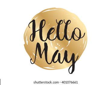 Hello may inscription. Greeting card with calligraphy. Hand drawn lettering design. Photo overlay. Typography for banner, poster or apparel design. Vector quote.