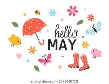 Hello May lettering phrase. Spring slogan with cute design elements. Vector illustration for card, scrapbooking, sale, background.