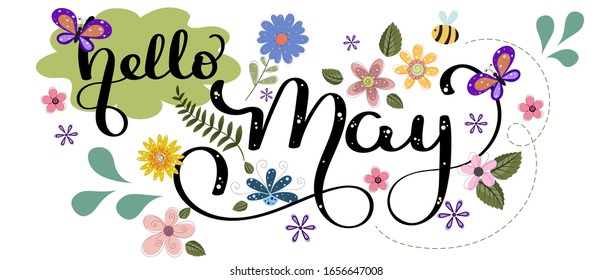 Hello May. May month vector with flowers and leaves. Decoration floral. Illustration month may