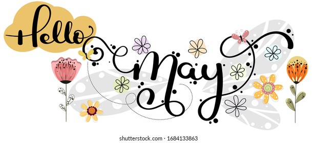Adiós Mayo. Mes MAYO vectorial con flores, mariposas y hojas. Decoración floral. El mes de ilustración puede
