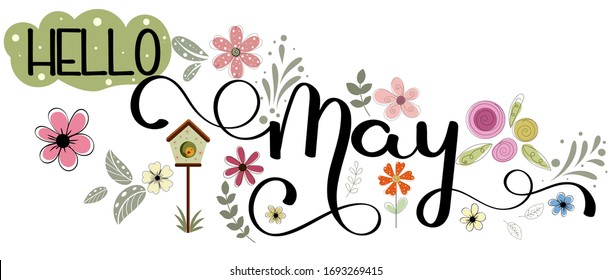 Hello May. MAY month vector with flowers,  and leaves. Decoration floral. Illustration month may