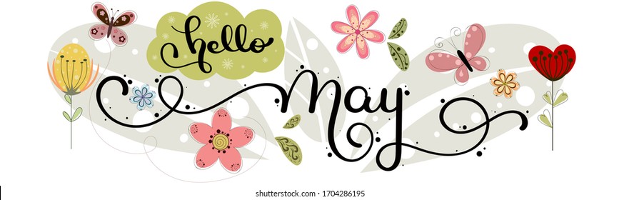 Hello May. MAY month vector with flowers, butterflies and leaves. Decoration floral. Illustration month may