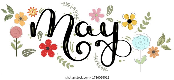 Hello May. MAY month vector with flowers and leaves. Decoration floral. Illustration month may