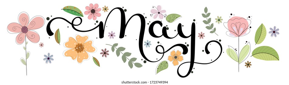 Hello May. MAY month vector with flowers and leaves. Decoration floral. Illustration month may