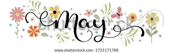 Hello May. MAY\
month vector with flowers, birdhouse and leaves. Decoration floral.\
Illustration month may