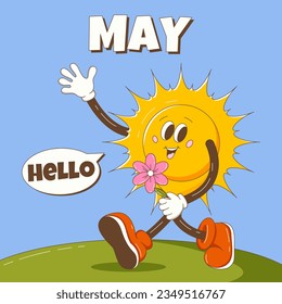 Hello May. Retro groovy sun character greets and holding a flower in hand. Spring background, square format, dialog box. Vector cartoon illustration.