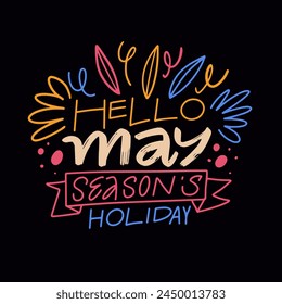 Hello May seasons holiday text phrase, vibrant vector art against a violet background. Celebrate the arrival of May with this colorful design, evoking warmth and excitement for the season.