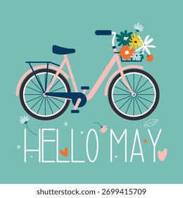 "Olá, maio". Senhoras bicicleta com cesta de flores brilhantes. Capa de primavera, fundo para mídias sociais e páginas da web. Ilustração vetorial
