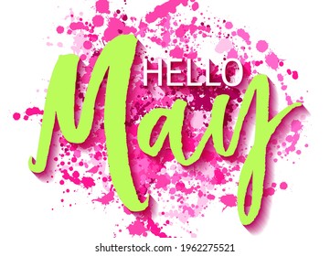 Hola Mayo diseño vectorial de banner de saludo de primavera. Etiqueta con salpicaduras de pincel de color de agua pintadas a mano y texto. Hola a la temporada de primavera, Mayo saludo de banner.