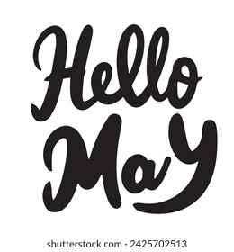 Banner de texto de Hello May. Inscripción manuscrita Hello May en color negro composición cuadrada. Dibujado a mano arte vector.