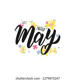 Hello May text. Hand lettering typography. Vector illustration as poster, postcard, greeting card, invitation template. Concept May advertising