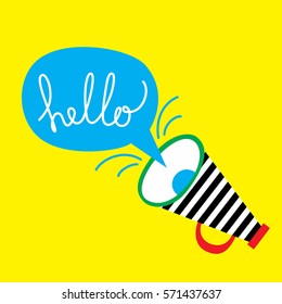 HELLO megaphone card. Retro 80s and 90s style vector art, poster. Bright vintage banner. Message card template in retro modern style.