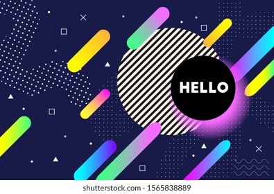 Hello. Memphis pattern. Trendy modern illustration. Vector artwork. Retro, vintage 80s, 90s style. Blue, black, pink, yellow, beige, purple, green colors. Banner, print, wallpaper, web template