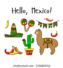 Adiós, México. México iconos vectoriales feriados de carnaval, fiesta, símbolos festivos e ilustraciones de elementos de diseño de viajes. Maracas mexicanas, sombrero, sombrero, pimientos, alpaca, banderas