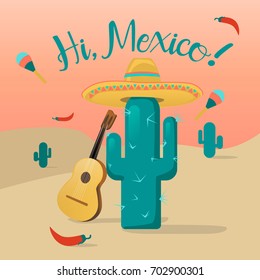 Hello Mexico.Mexican guitar and a hat sombrero, red hot pepper and maracas are in the desert with prickly cactus