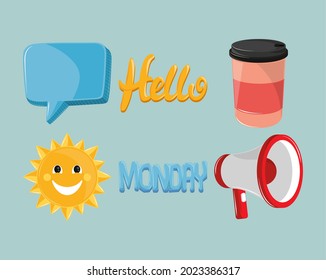 hello monday coffee and sunny day icons