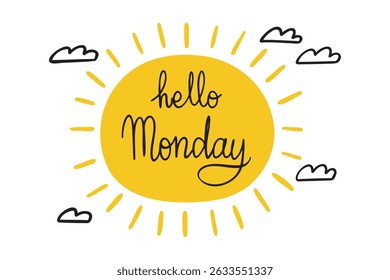 Hola lunes lindo dibujado a mano en forma de sol letras positivas. frase de letras de doodle manuscritas. . Ilustración vectorial