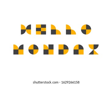 Hello Monday with geometric shape font design. Black and yellow pattern on white background