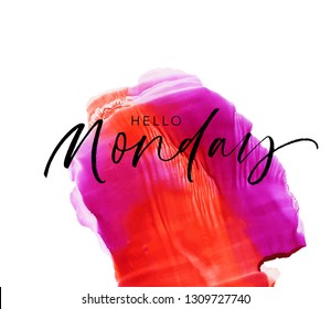 Hello Monday phrase on watercolor background. Hand drawn brush style modern calligraphy. Vector illustration of handwritten lettering.  Design for posters, t-shirts, cards, invitations, stickers.