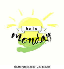 Hello Monday phrase and sun illustration on white background