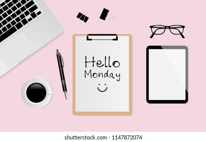 Hello Monday text on white sheet with coffee cup, pen, eyeglasses and laptop computer on pink color background. Vector illustration