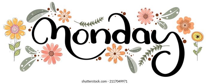 Hallo Montag. Montag Woche Vektor mit Blumen und Blättern. Dekoration Typografie Flach Style Design. Illustrationsmontag