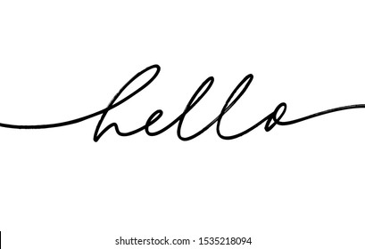 Hello mono line hand drawn lettering. Freehand word isolated vector calligraphy. Salutation phrase cursive inscription. Greeting card, poster calligraphic headline, banner title design element