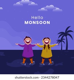 Hello Monsoon Concept with Cheerful Young Boy and Girl Character Enjoying Rainy Season, Coconut Trees on Purple Background.