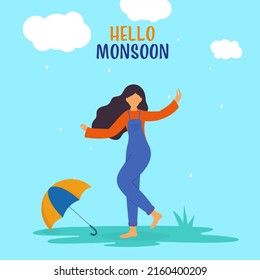 Hola Monsoon Font Con Joven Desfachatada Disfrutando De Temporada Lluviosa Y Paraguas De Fondo Turquesa.