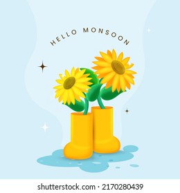 Hello Monsoon Greeting Card With Sunflower Plants In 3D Boots Over Blue Background.