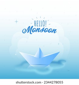 Hola Monsoon Diseño de afiches con barca de papel navegando en el fondo del agua.
