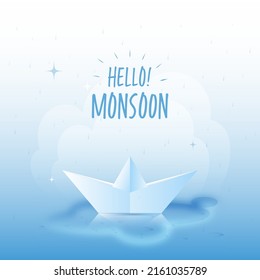 Hallo Monsoon Poster Design mit realistischem Papierboot auf Wasser Hintergrund.