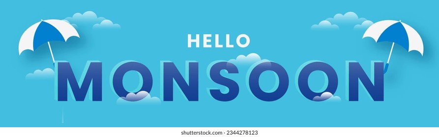 Hola Monsoon Textos con dos paraguas sobre fondo azul nubes.