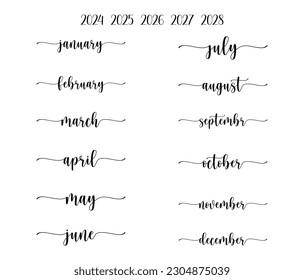 Hello month.Month, Kalendersatz von fortlaufenden Zeilen kursiven Text. Schriftzeichen, Vektorgrafik für Jahreskalender, Poster, Karte, Banner, Einladungen.Handgezeichnet Monat.Handgeschriebene Namen Lettering.