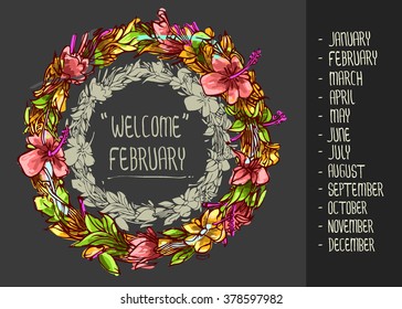 Hello Months Set - Typographic welcome months Greeting Card Design Collection - with Ornamental flora circles decors. circle flora pattern. decorative style. background vector illustration.