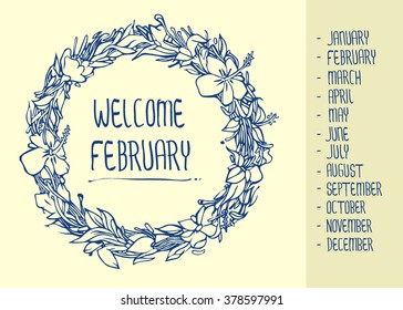Hello Months Set - Typographic welcome months Greeting Card Design Collection - with Ornamental flora circles decors. circle flora pattern. decorative style. background vector illustration.