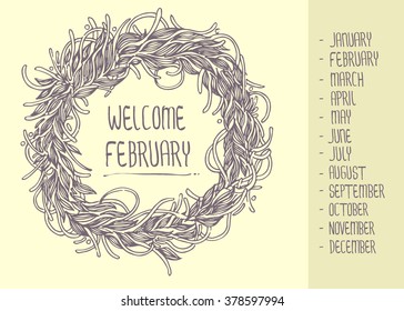 Hello Months Set - Typographic welcome months Greeting Card Design Collection - with Ornamental flora circles decors. circle flora pattern. decorative style. background vector illustration.