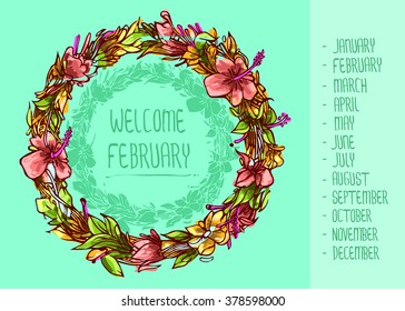 Hello Months Set - Typographic welcome months Greeting Card Design Collection - with Ornamental flora circles decors. circle flora pattern. decorative style. background vector illustration.