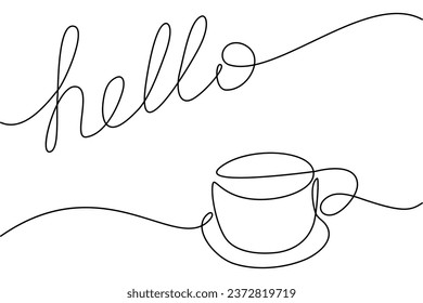 Hello morning design concept with one continuous line lettering and cup of coffee line art. Isolate