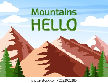 Hallo Bergkonzept mit Felslandschaft, grüne Pinienbäume am blauen Himmel mit weißen Wolken, Vorlage für Herbstwanderungen und Camping. Flache Vektorgrafik.
