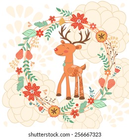 Hello my love cute card with deer and  floral background. Vector illustration